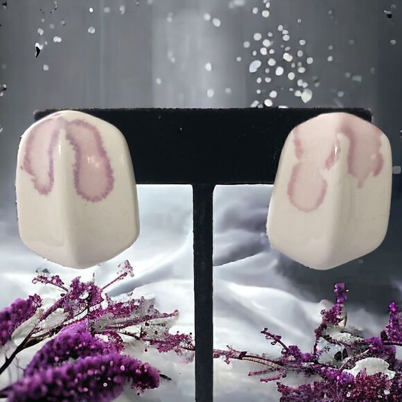 Vintage 80s Ceramic Earrings Geometric Retro Purple Lilac White Disco Pierced. - Picture 11 of 15